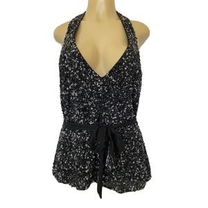 NWT Scala Top Blouse Halter Neck Black Sleeveless Bead Sequin Metallic B…